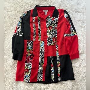 VTG 80s Brylane - Red and White Color Block Animal Print Button Down Blouse